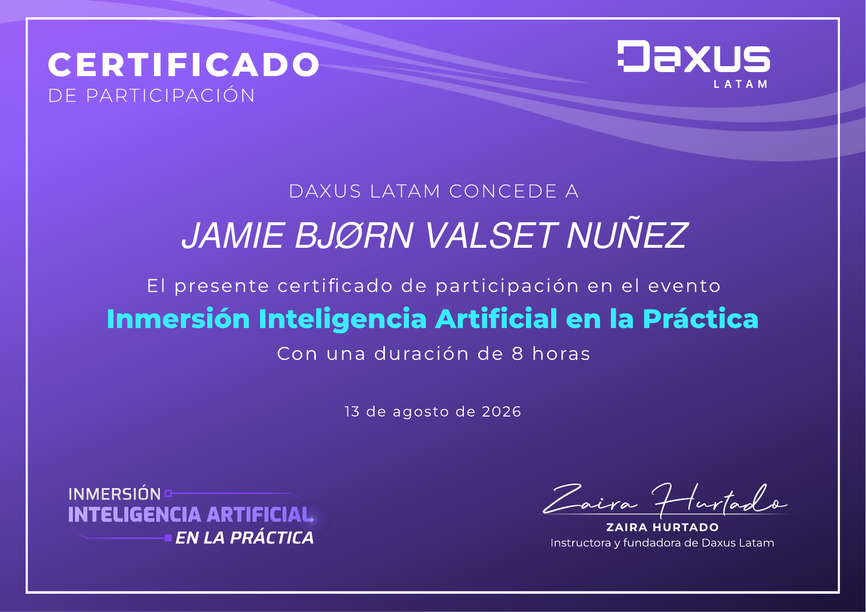Certificado Inmersión Inteligencia Artificial en la Práctica de Daxus Latam