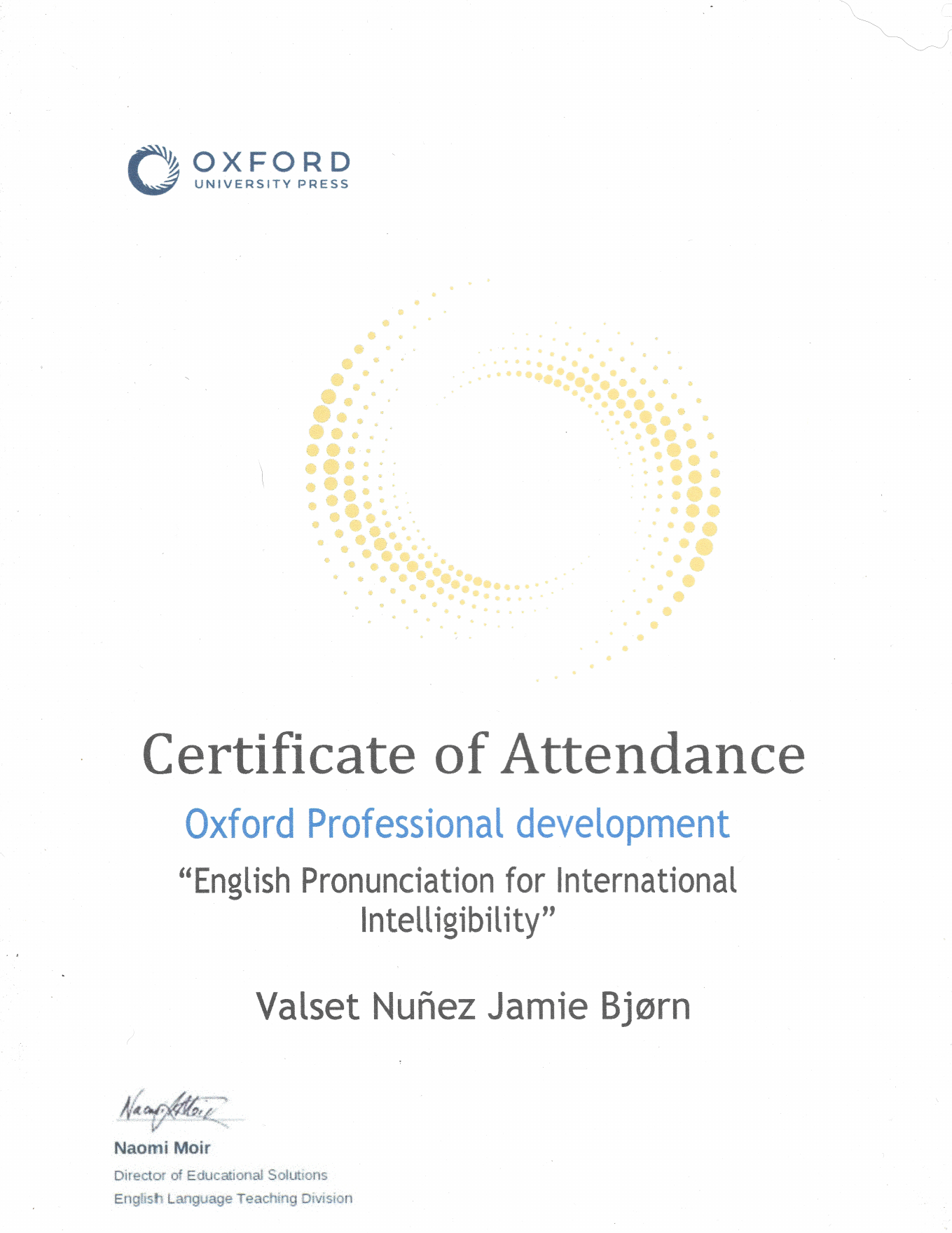 Certificado Oxford Professional Development English Pronunciation for International Intelligibility