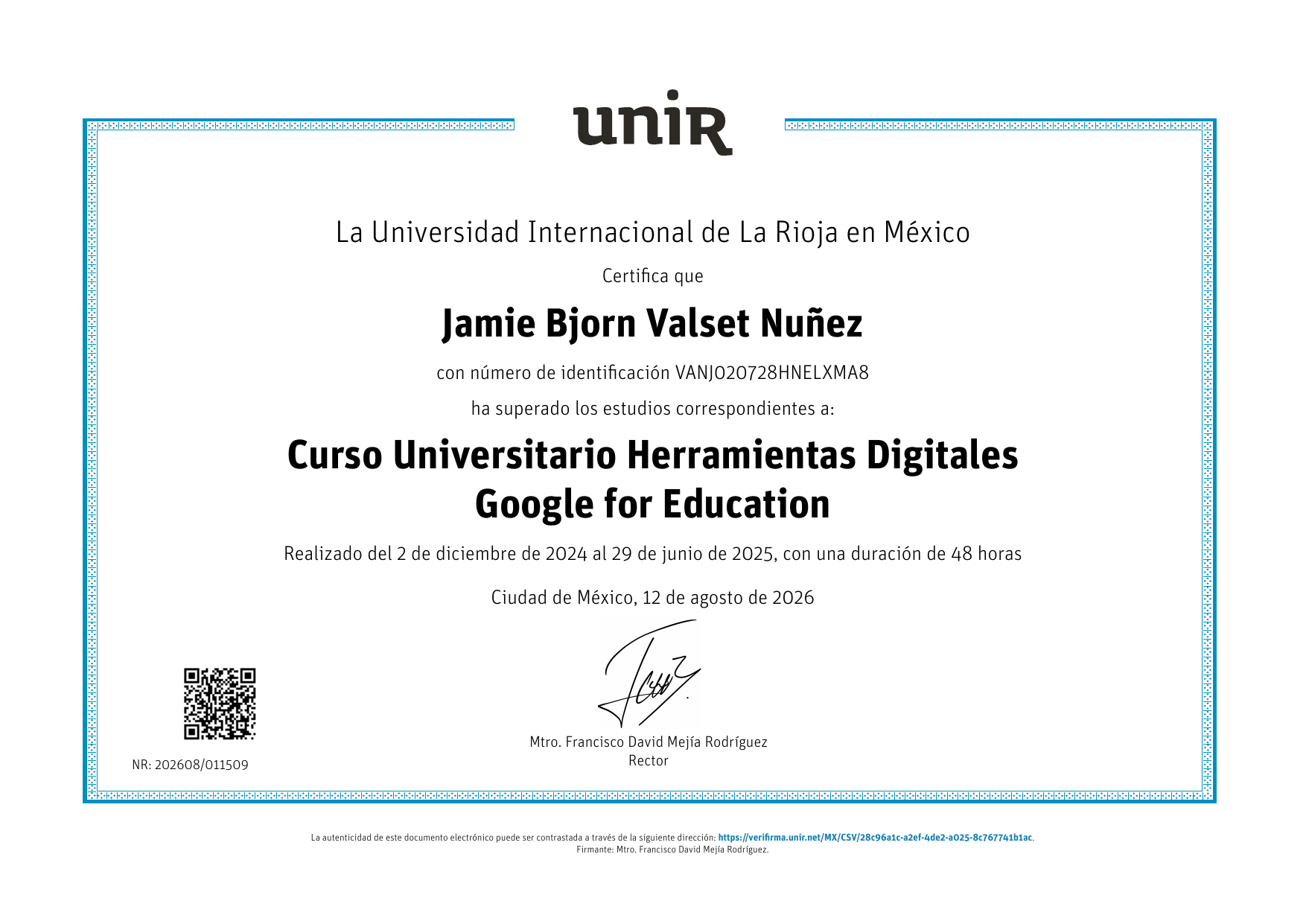 Certificado UNIR Curso Universitario Herramientas Digitales Google for Education