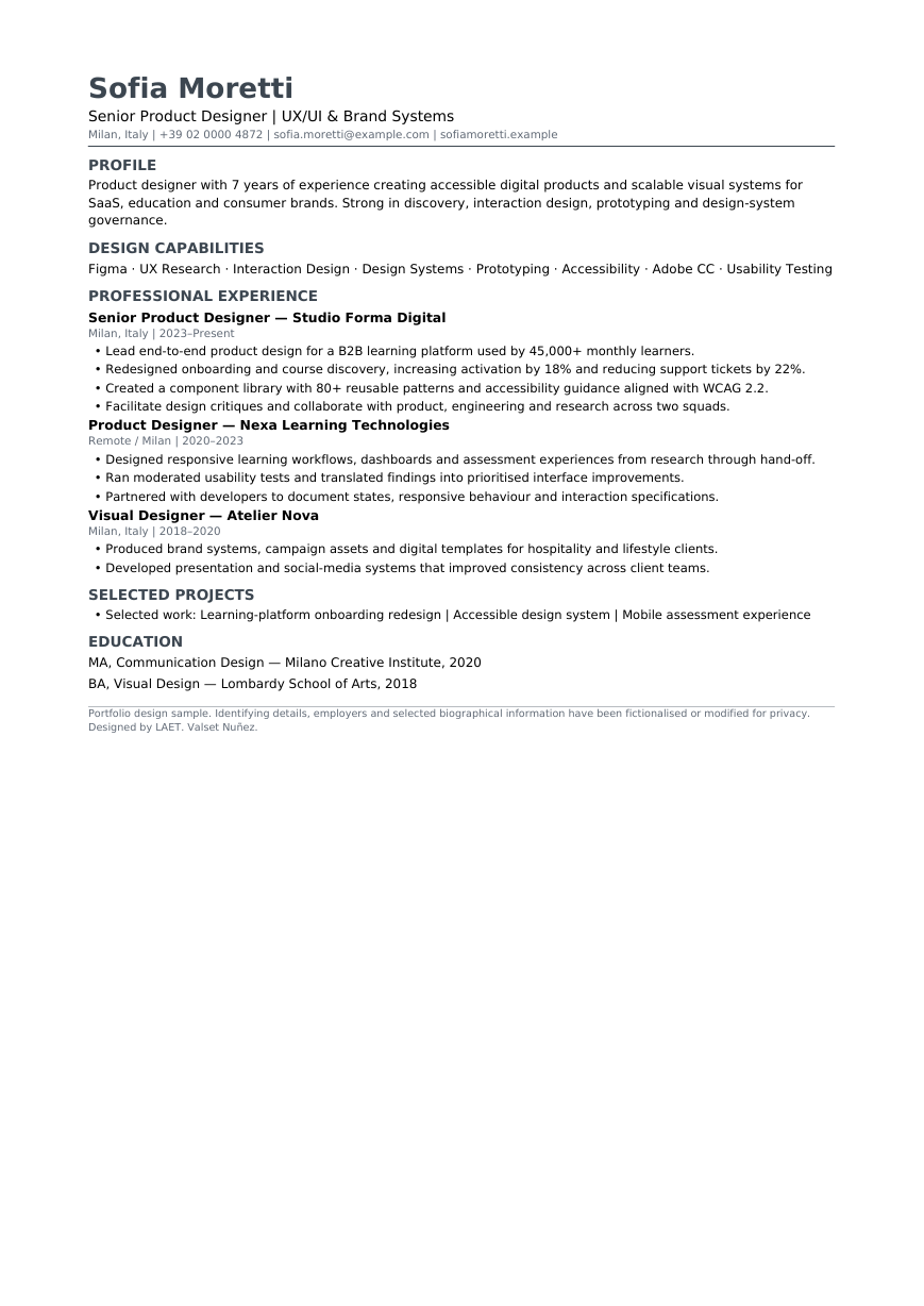 ATS product design CV sample