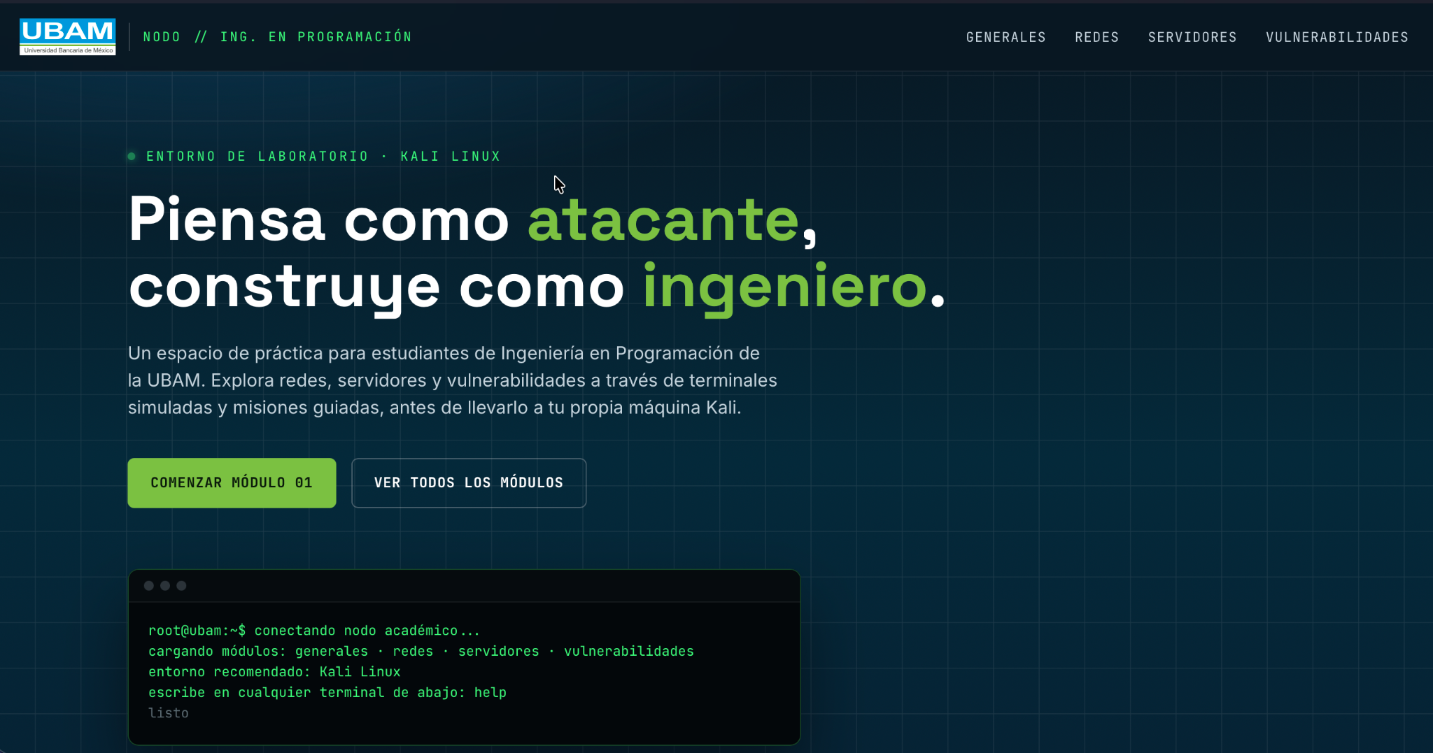 Laboratorio educativo de redes, servidores y ciberseguridad con estética de terminal