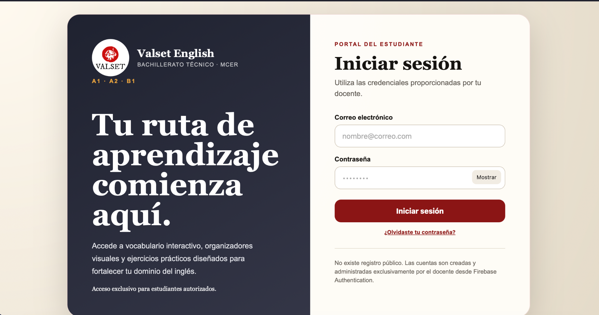 Pantalla de acceso de la plataforma Valset English